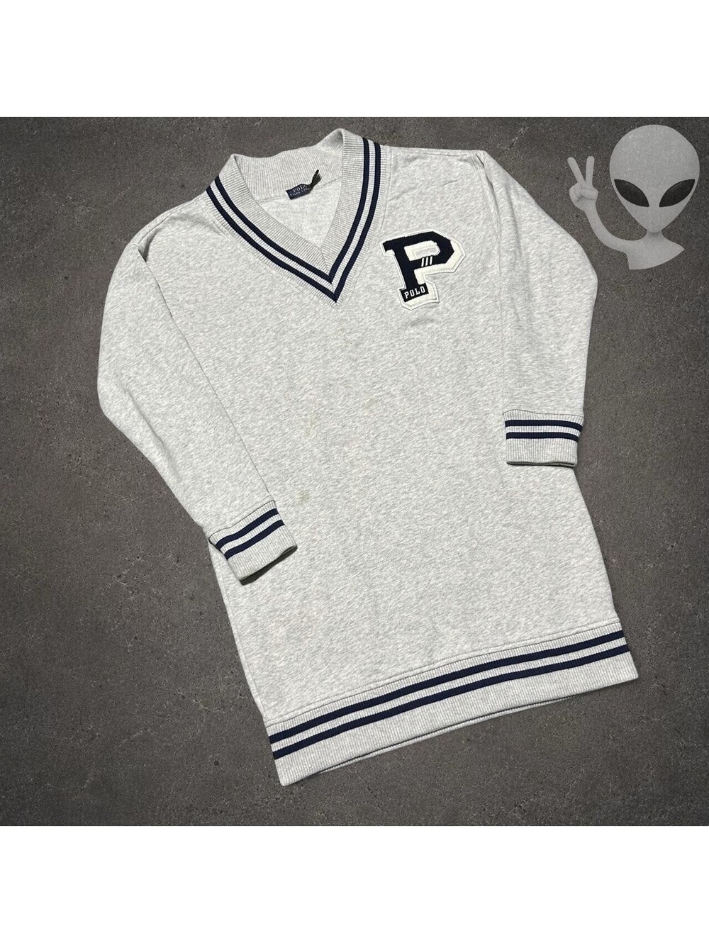 Polo Ralph Lauren Varsity V-Neck Sweatshirt Dress Womens XS Gray Big P Preppy